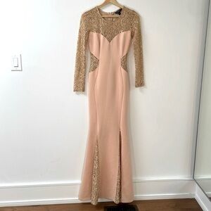 Lipsy maxi bodycon longsleeve lace sequins mermaid dress cream rose gold sz 4